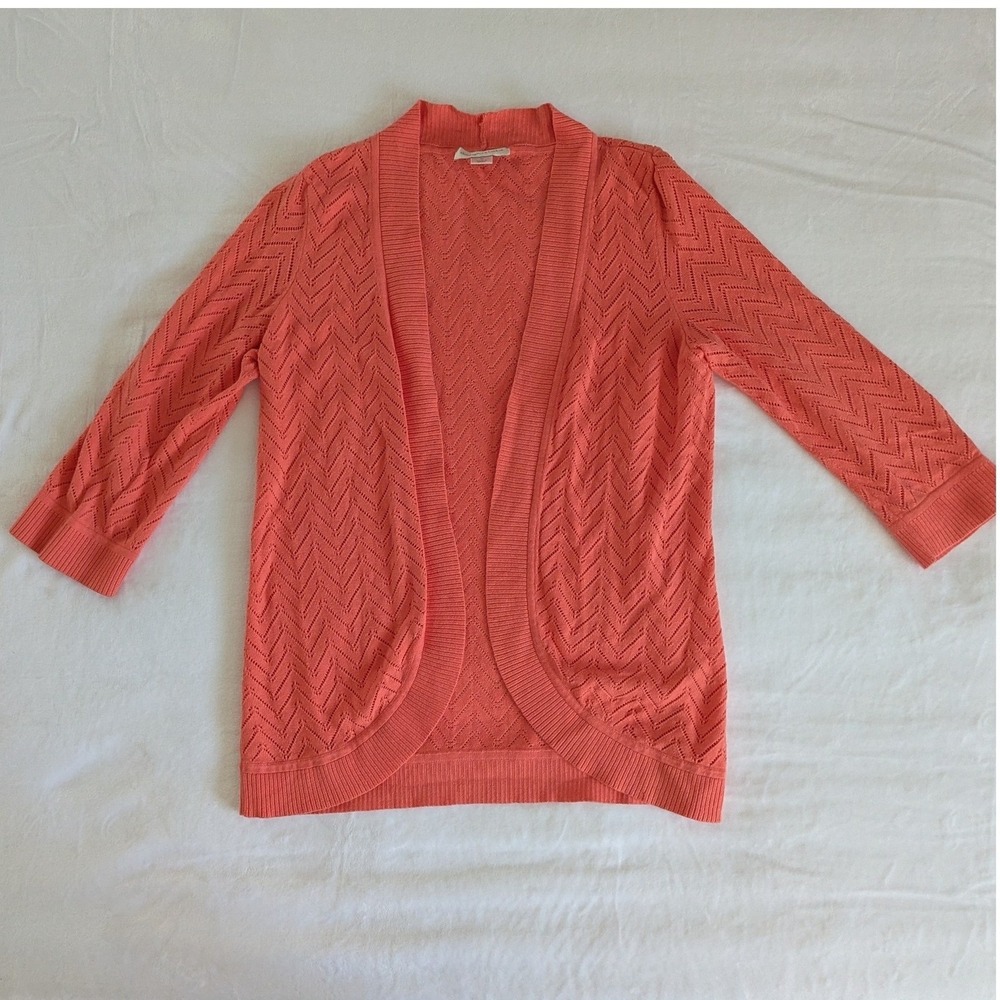 Coral Orange Chevron Knit Open Front Cardigan Sweater Womens Sz M 100% Cotton